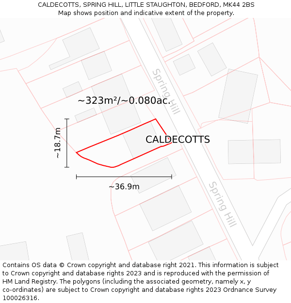 CALDECOTTS, SPRING HILL, LITTLE STAUGHTON, BEDFORD, MK44 2BS: Plot and title map