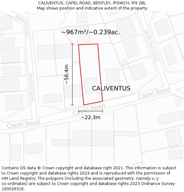 CALIVENTUS, CAPEL ROAD, BENTLEY, IPSWICH, IP9 2BL: Plot and title map