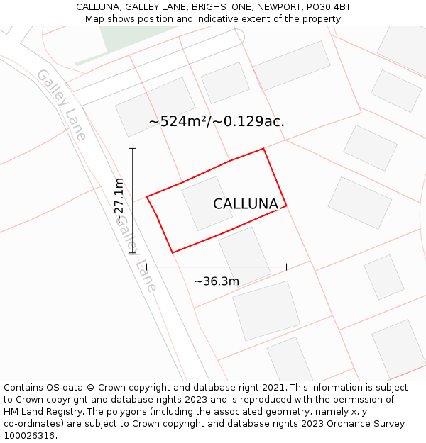 CALLUNA, GALLEY LANE, BRIGHSTONE, NEWPORT, PO30 4BT: Plot and title map