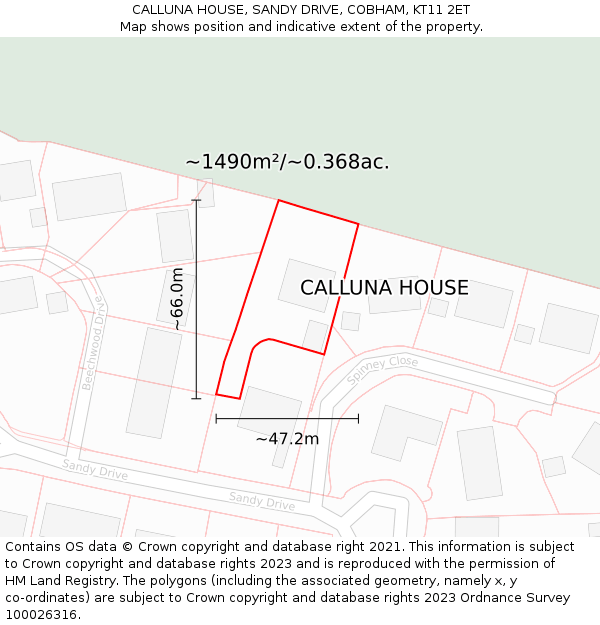 CALLUNA HOUSE, SANDY DRIVE, COBHAM, KT11 2ET: Plot and title map