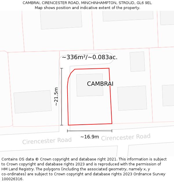 CAMBRAI, CIRENCESTER ROAD, MINCHINHAMPTON, STROUD, GL6 9EL: Plot and title map