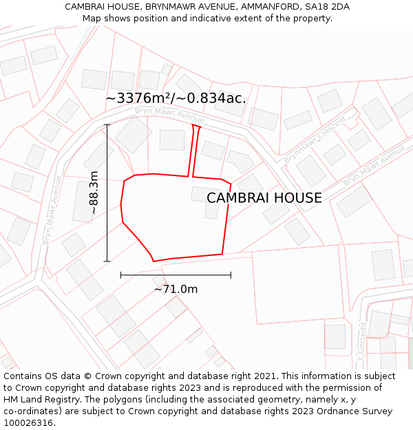 CAMBRAI HOUSE, BRYNMAWR AVENUE, AMMANFORD, SA18 2DA: Plot and title map