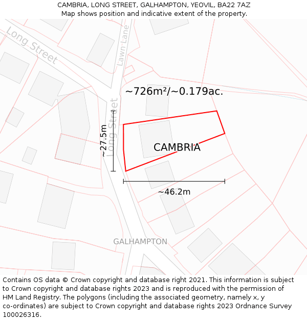 CAMBRIA, LONG STREET, GALHAMPTON, YEOVIL, BA22 7AZ: Plot and title map