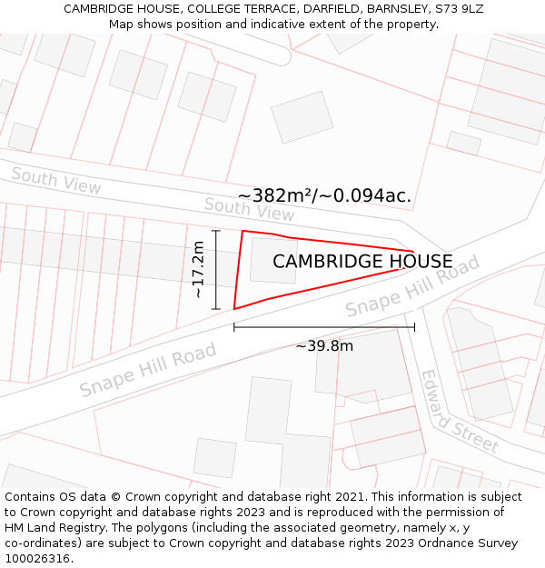 CAMBRIDGE HOUSE, COLLEGE TERRACE, DARFIELD, BARNSLEY, S73 9LZ: Plot and title map