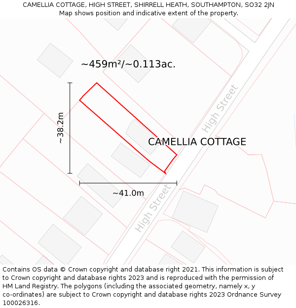 CAMELLIA COTTAGE, HIGH STREET, SHIRRELL HEATH, SOUTHAMPTON, SO32 2JN: Plot and title map