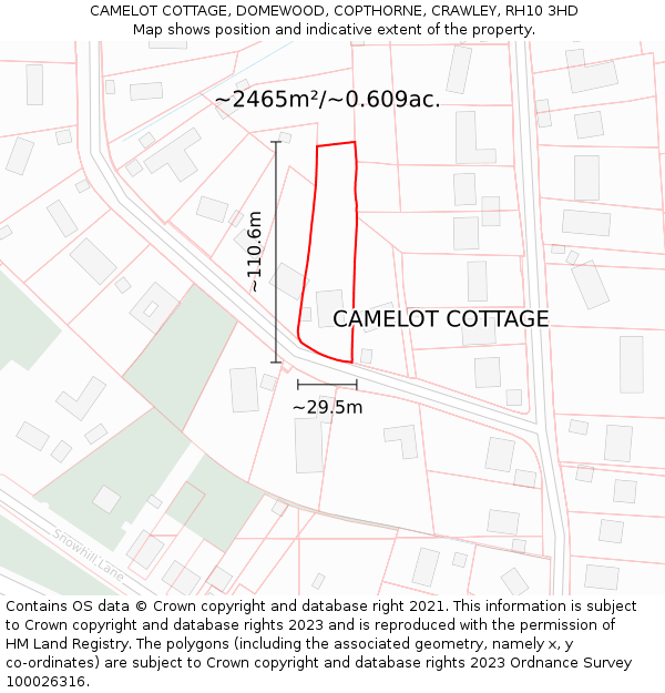 CAMELOT COTTAGE, DOMEWOOD, COPTHORNE, CRAWLEY, RH10 3HD: Plot and title map