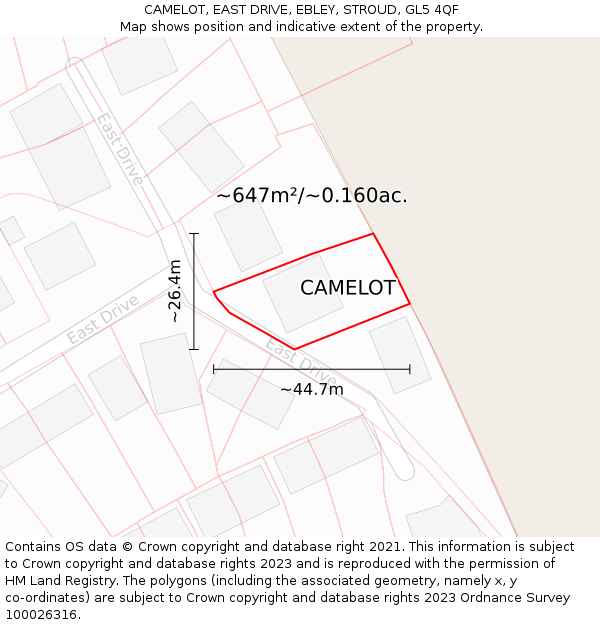 CAMELOT, EAST DRIVE, EBLEY, STROUD, GL5 4QF: Plot and title map
