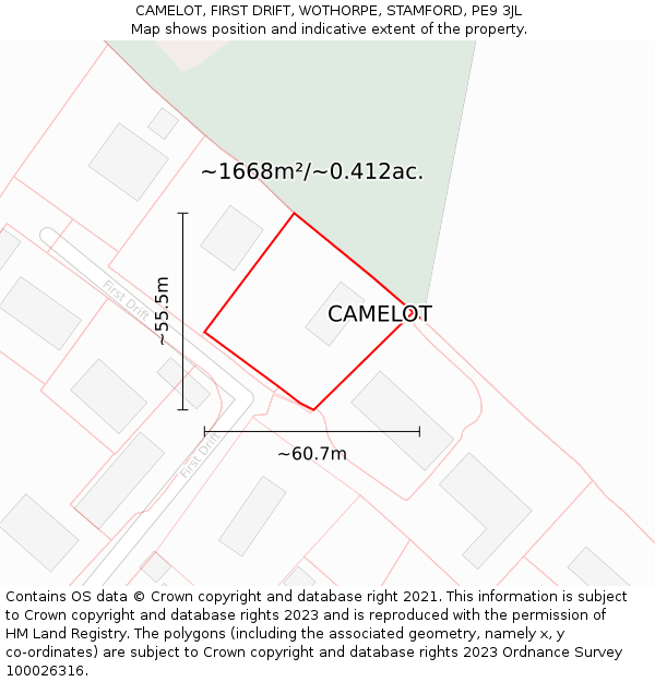 CAMELOT, FIRST DRIFT, WOTHORPE, STAMFORD, PE9 3JL: Plot and title map
