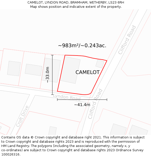 CAMELOT, LYNDON ROAD, BRAMHAM, WETHERBY, LS23 6RH: Plot and title map