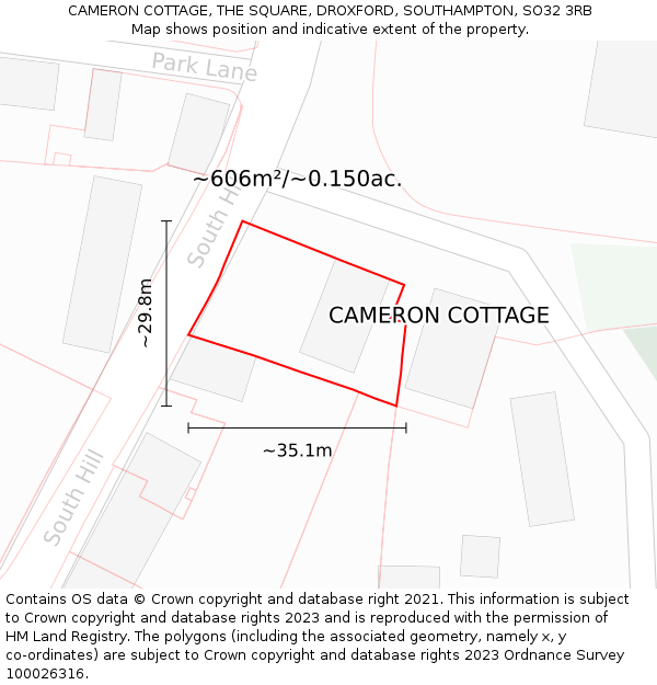 CAMERON COTTAGE, THE SQUARE, DROXFORD, SOUTHAMPTON, SO32 3RB: Plot and title map