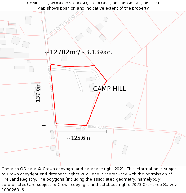 CAMP HILL, WOODLAND ROAD, DODFORD, BROMSGROVE, B61 9BT: Plot and title map
