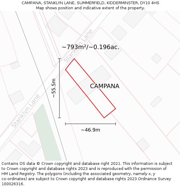 CAMPANA, STANKLYN LANE, SUMMERFIELD, KIDDERMINSTER, DY10 4HS: Plot and title map