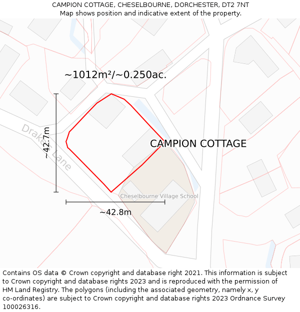 CAMPION COTTAGE, CHESELBOURNE, DORCHESTER, DT2 7NT: Plot and title map