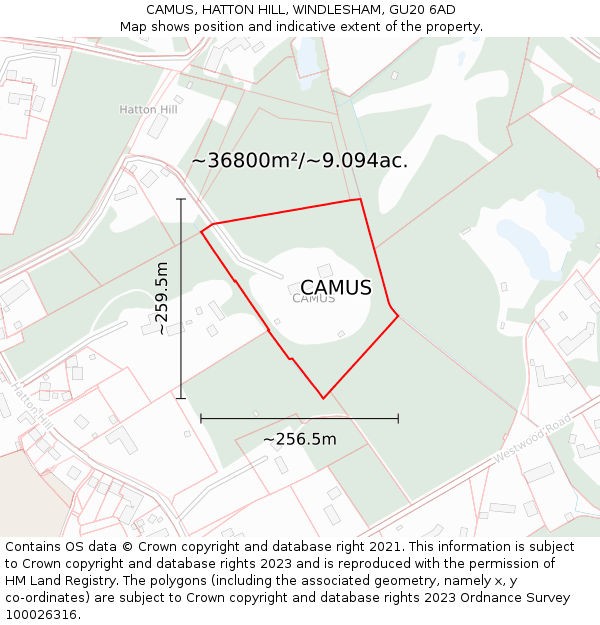 CAMUS, HATTON HILL, WINDLESHAM, GU20 6AD: Plot and title map
