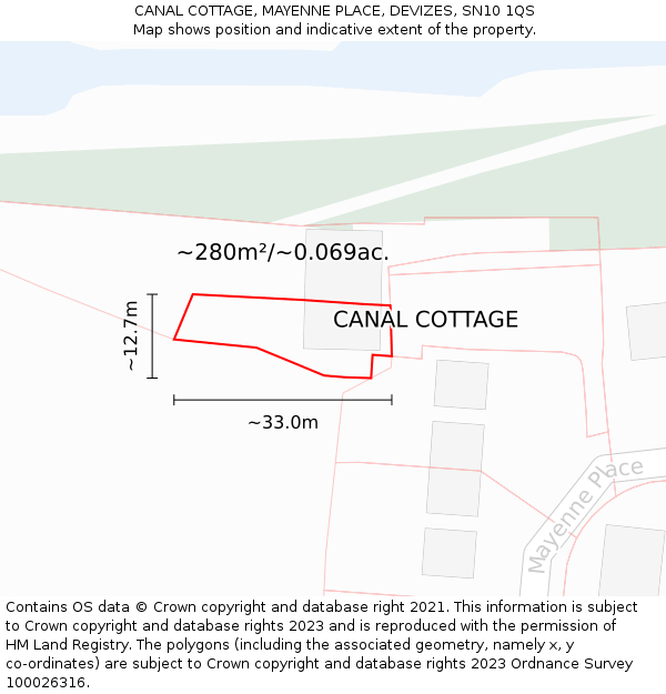 CANAL COTTAGE, MAYENNE PLACE, DEVIZES, SN10 1QS: Plot and title map