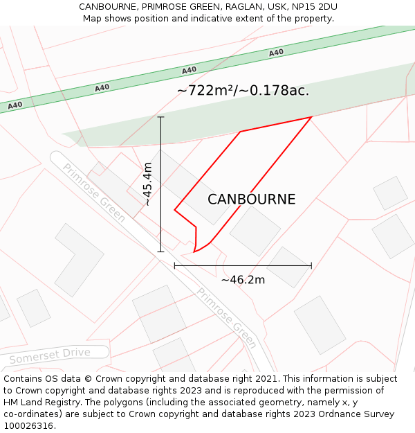CANBOURNE, PRIMROSE GREEN, RAGLAN, USK, NP15 2DU: Plot and title map