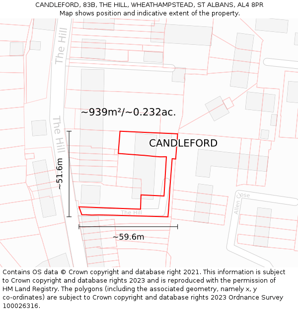 CANDLEFORD, 83B, THE HILL, WHEATHAMPSTEAD, ST ALBANS, AL4 8PR: Plot and title map