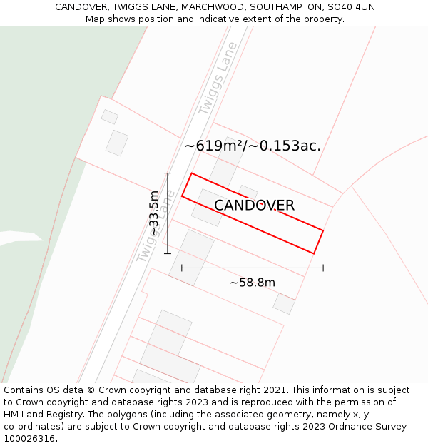 CANDOVER, TWIGGS LANE, MARCHWOOD, SOUTHAMPTON, SO40 4UN: Plot and title map