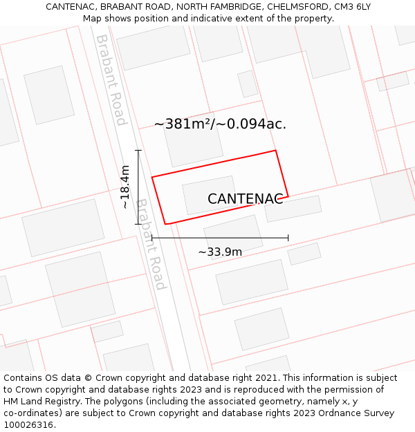 CANTENAC, BRABANT ROAD, NORTH FAMBRIDGE, CHELMSFORD, CM3 6LY: Plot and title map