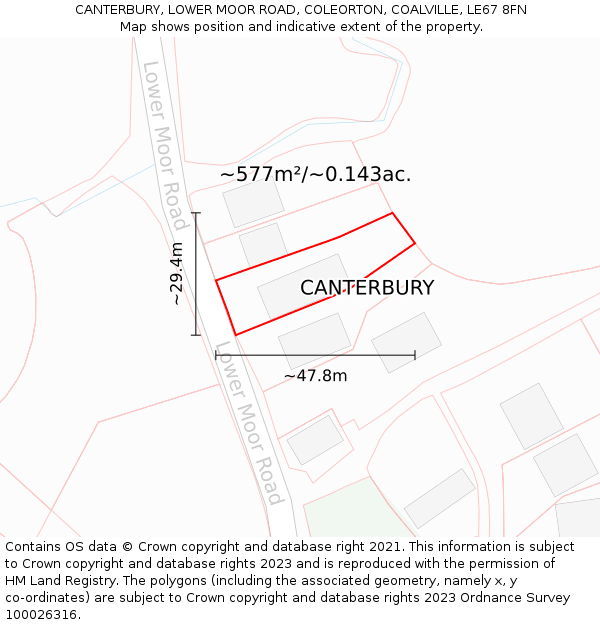 CANTERBURY, LOWER MOOR ROAD, COLEORTON, COALVILLE, LE67 8FN: Plot and title map