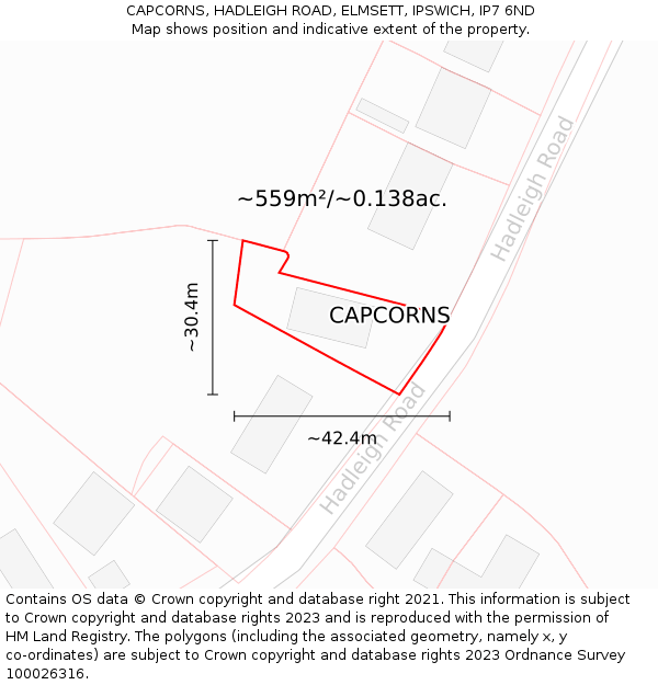 CAPCORNS, HADLEIGH ROAD, ELMSETT, IPSWICH, IP7 6ND: Plot and title map