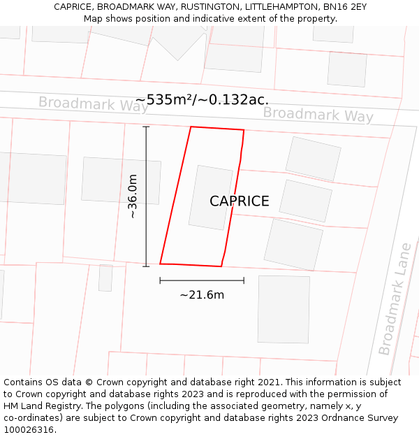 CAPRICE, BROADMARK WAY, RUSTINGTON, LITTLEHAMPTON, BN16 2EY: Plot and title map