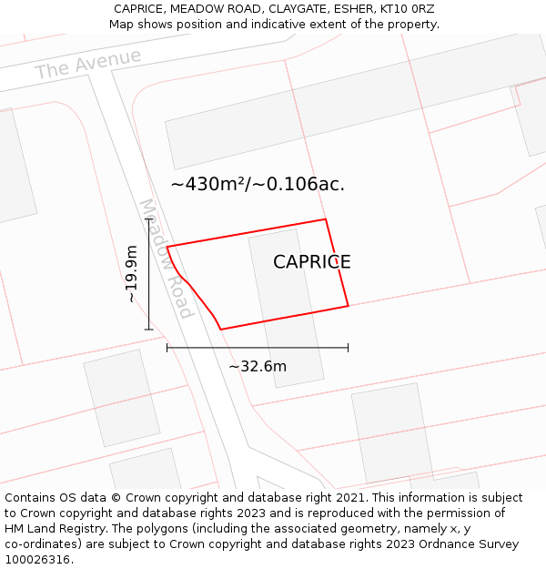 CAPRICE, MEADOW ROAD, CLAYGATE, ESHER, KT10 0RZ: Plot and title map
