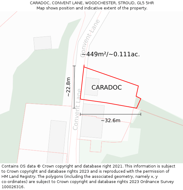 CARADOC, CONVENT LANE, WOODCHESTER, STROUD, GL5 5HR: Plot and title map