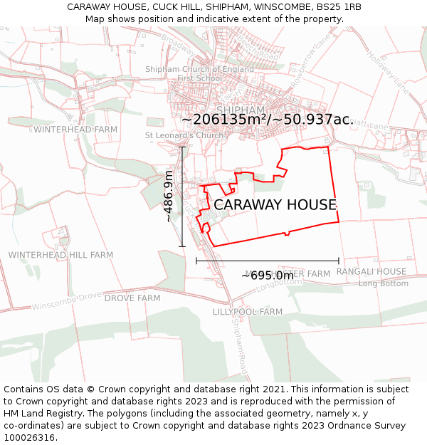 CARAWAY HOUSE, CUCK HILL, SHIPHAM, WINSCOMBE, BS25 1RB: Plot and title map