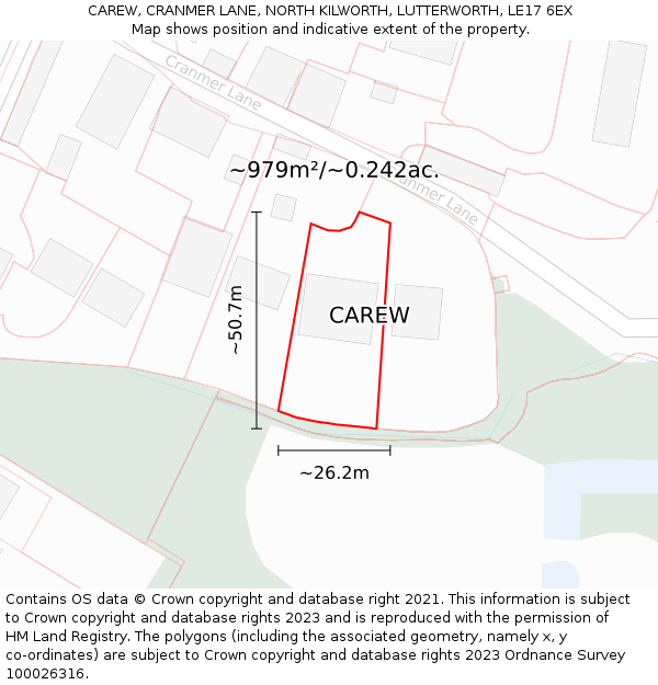 CAREW, CRANMER LANE, NORTH KILWORTH, LUTTERWORTH, LE17 6EX: Plot and title map