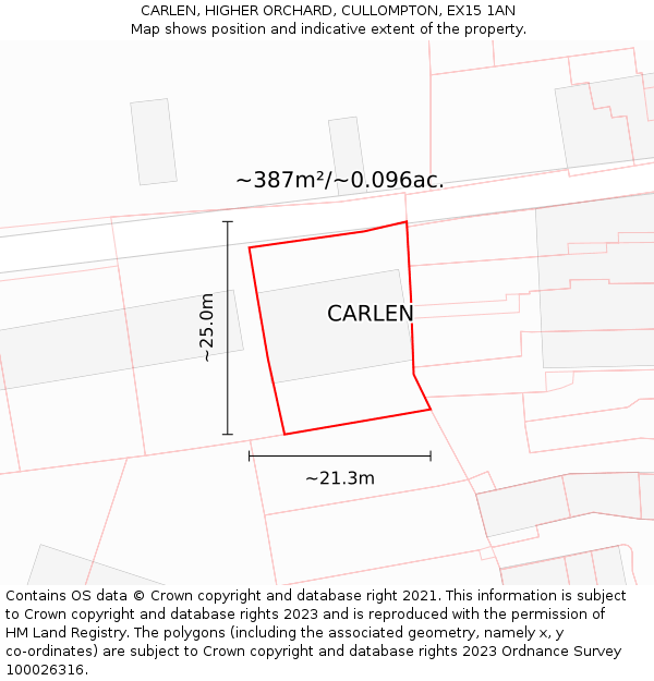 CARLEN, HIGHER ORCHARD, CULLOMPTON, EX15 1AN: Plot and title map