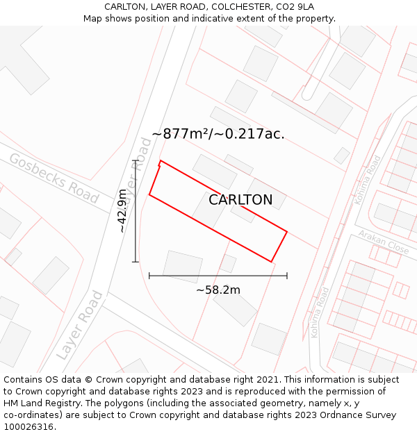 CARLTON, LAYER ROAD, COLCHESTER, CO2 9LA: Plot and title map