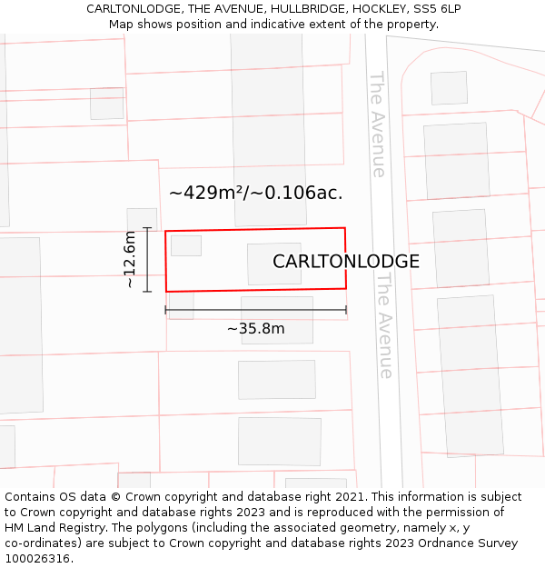 CARLTONLODGE, THE AVENUE, HULLBRIDGE, HOCKLEY, SS5 6LP: Plot and title map