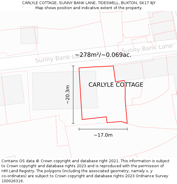 CARLYLE COTTAGE, SUNNY BANK LANE, TIDESWELL, BUXTON, SK17 8JY: Plot and title map