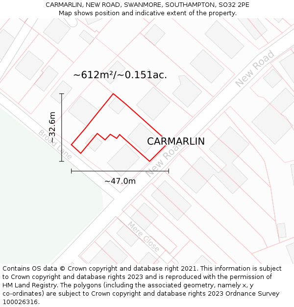 CARMARLIN, NEW ROAD, SWANMORE, SOUTHAMPTON, SO32 2PE: Plot and title map