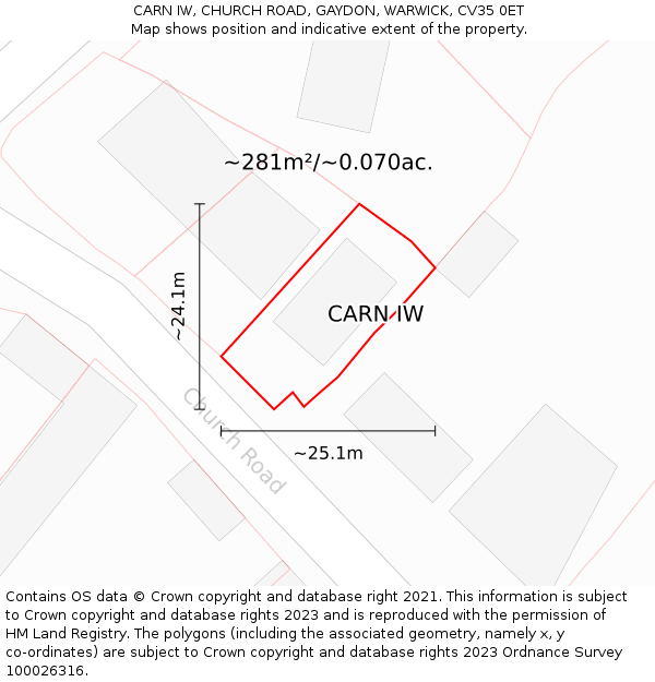 CARN IW, CHURCH ROAD, GAYDON, WARWICK, CV35 0ET: Plot and title map