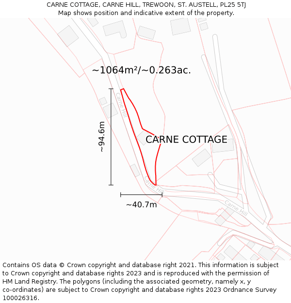 CARNE COTTAGE, CARNE HILL, TREWOON, ST. AUSTELL, PL25 5TJ: Plot and title map