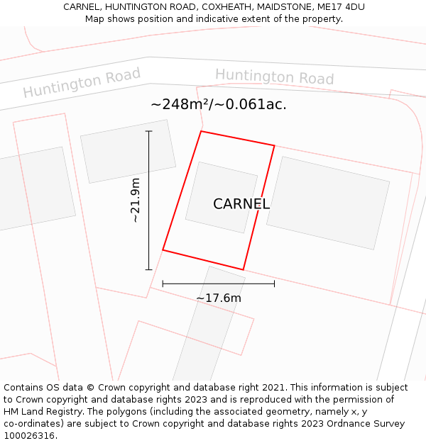 CARNEL, HUNTINGTON ROAD, COXHEATH, MAIDSTONE, ME17 4DU: Plot and title map