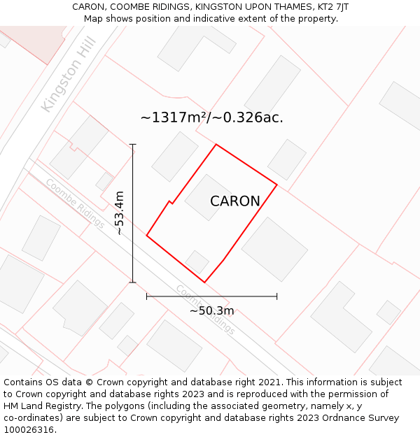 CARON, COOMBE RIDINGS, KINGSTON UPON THAMES, KT2 7JT: Plot and title map