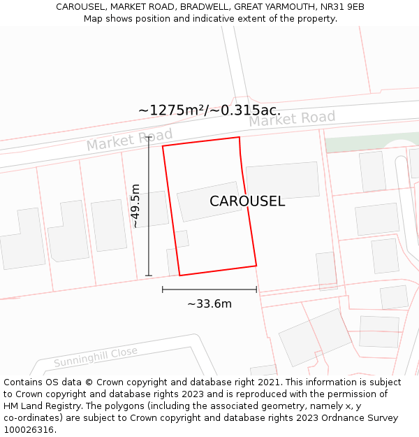 CAROUSEL, MARKET ROAD, BRADWELL, GREAT YARMOUTH, NR31 9EB: Plot and title map