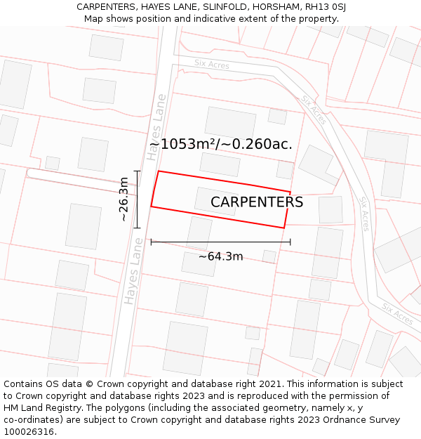 CARPENTERS, HAYES LANE, SLINFOLD, HORSHAM, RH13 0SJ: Plot and title map