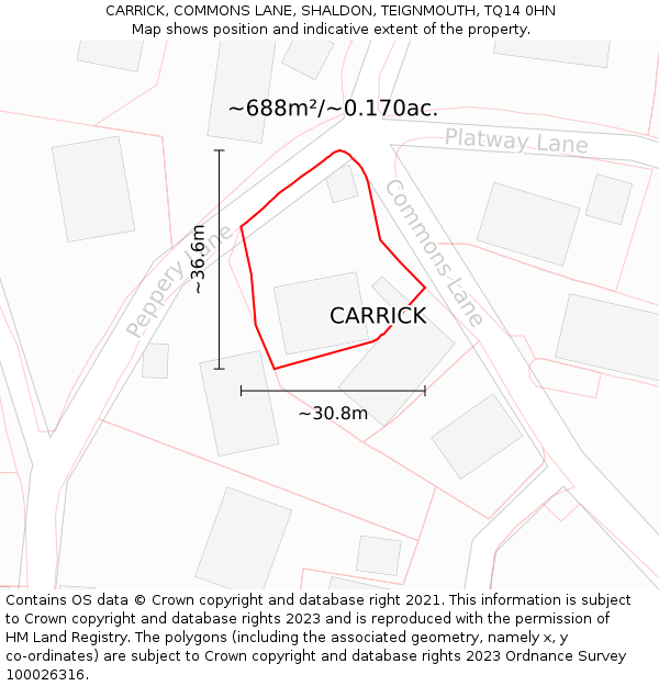 CARRICK, COMMONS LANE, SHALDON, TEIGNMOUTH, TQ14 0HN: Plot and title map