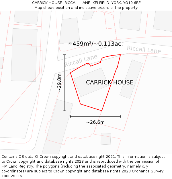 CARRICK HOUSE, RICCALL LANE, KELFIELD, YORK, YO19 6RE: Plot and title map