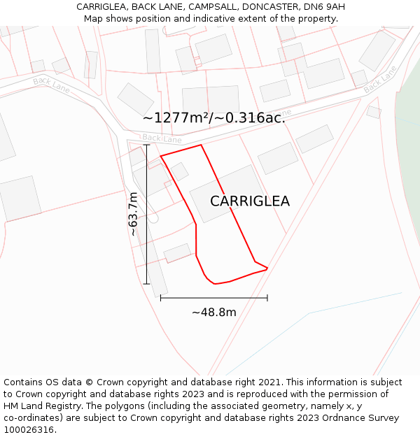 CARRIGLEA, BACK LANE, CAMPSALL, DONCASTER, DN6 9AH: Plot and title map
