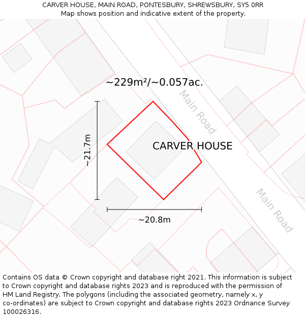 CARVER HOUSE, MAIN ROAD, PONTESBURY, SHREWSBURY, SY5 0RR: Plot and title map