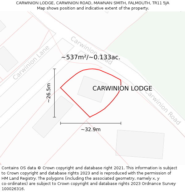 CARWINION LODGE, CARWINION ROAD, MAWNAN SMITH, FALMOUTH, TR11 5JA: Plot and title map