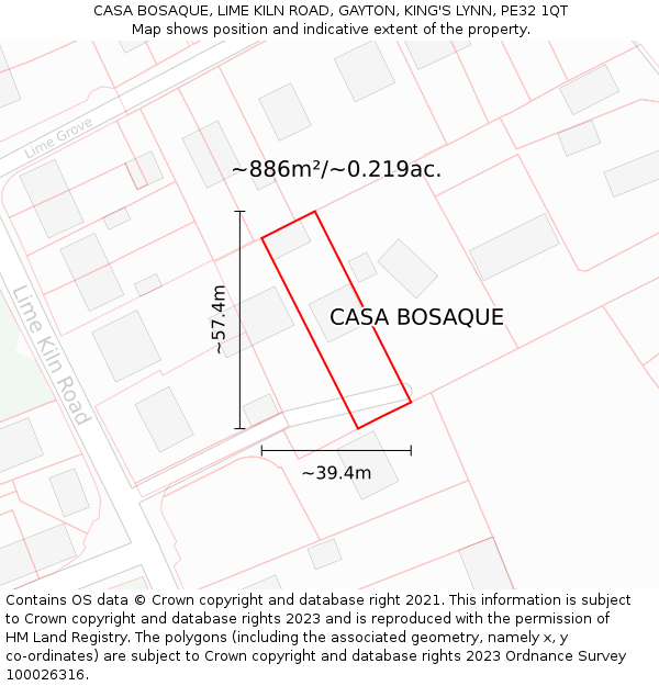 CASA BOSAQUE, LIME KILN ROAD, GAYTON, KING'S LYNN, PE32 1QT: Plot and title map