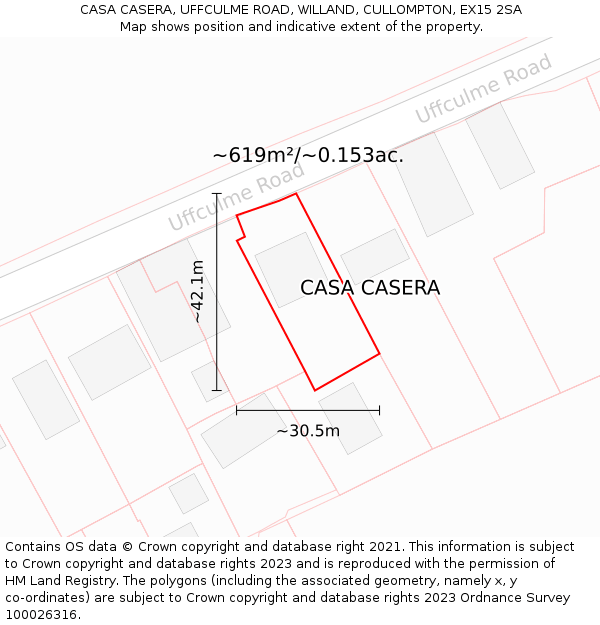 CASA CASERA, UFFCULME ROAD, WILLAND, CULLOMPTON, EX15 2SA: Plot and title map