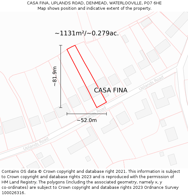 CASA FINA, UPLANDS ROAD, DENMEAD, WATERLOOVILLE, PO7 6HE: Plot and title map