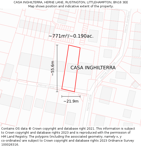CASA INGHILTERRA, HERNE LANE, RUSTINGTON, LITTLEHAMPTON, BN16 3EE: Plot and title map